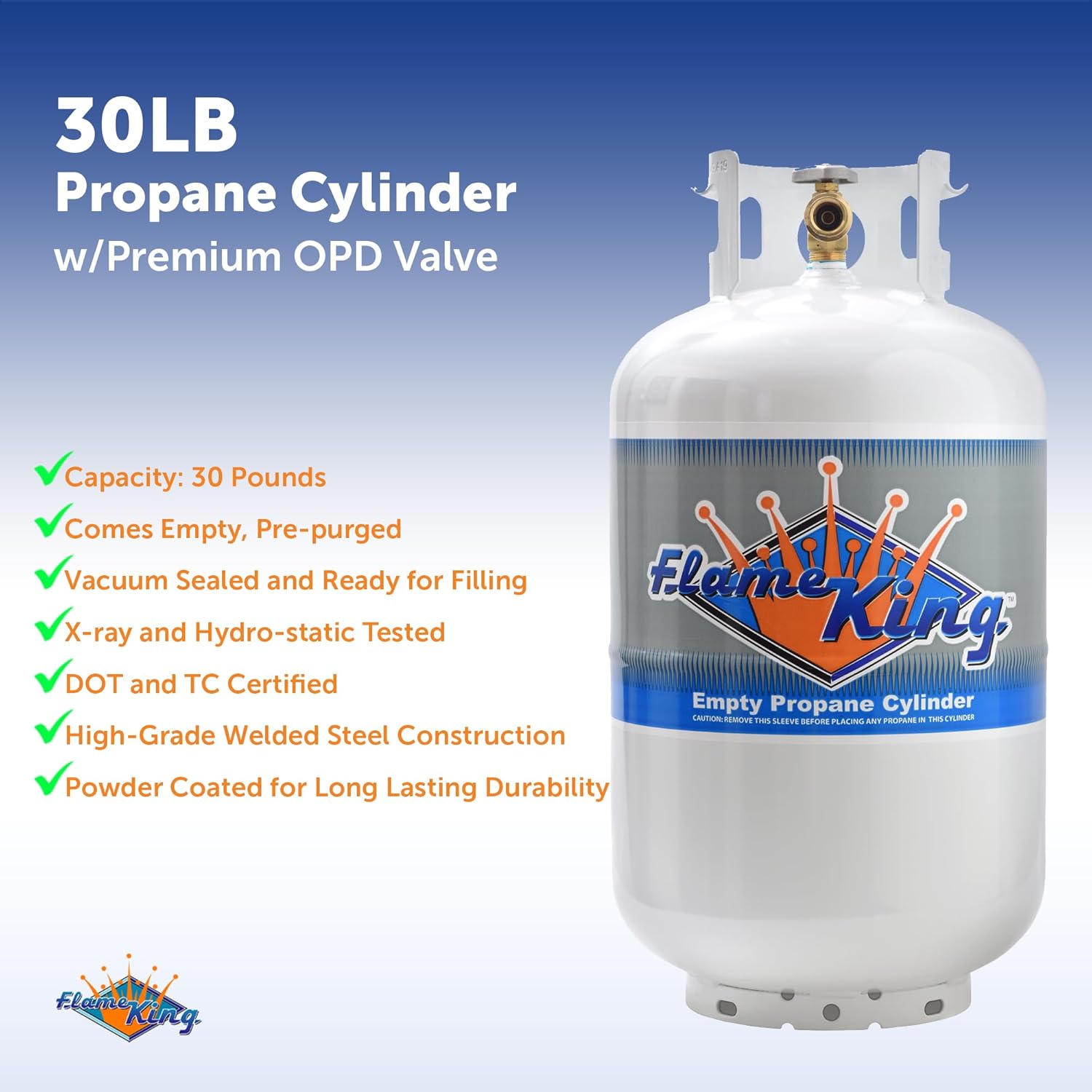 Flame King 30 LB Steel Propane Tank with OPD Valve, DOT & TC Certified, Rust-Resistant for RVs & Heaters