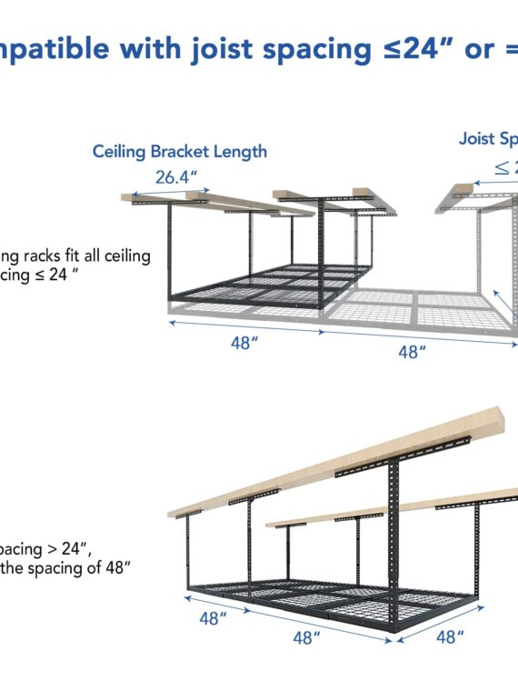 FLEXIMOUNTS 4x8 Overhead Garage Storage Rack, Heavy-Duty Steel, 600 lbs Capacity, Adjustable Height, DIY Installation