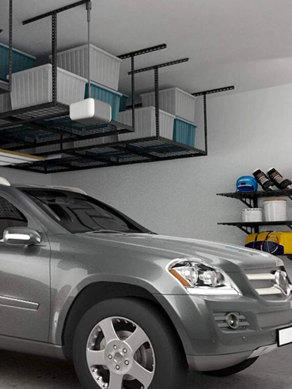 FLEXIMOUNTS 4x8 Overhead Garage Storage Rack, Heavy-Duty Steel, 600 lbs Capacity, Adjustable Height, DIY Installation