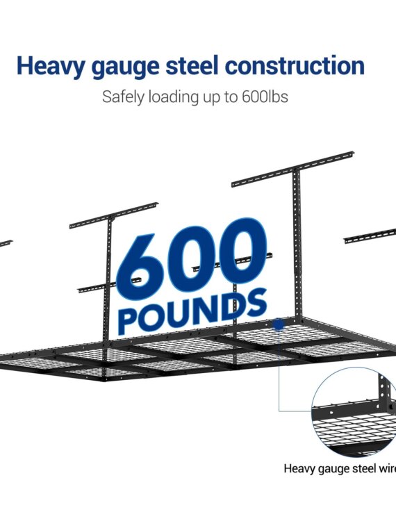 FLEXIMOUNTS 4x8 Overhead Garage Storage Rack, Heavy-Duty Steel, 600 lbs Capacity, Adjustable Height, DIY Installation