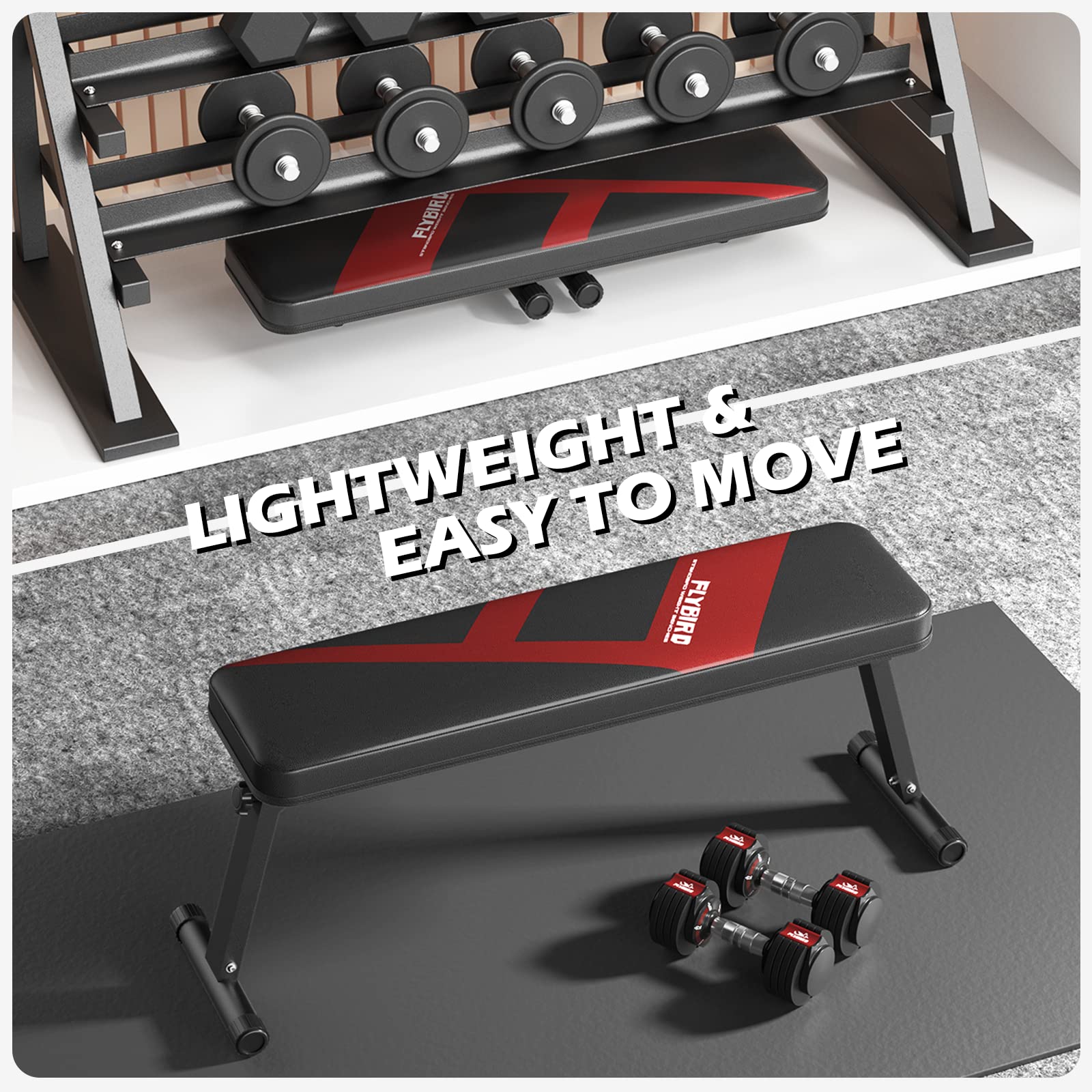 FLYBIRD Foldable Flat Weight Bench, 600 lb Capacity, Home Gym, Portable & Easy Storage