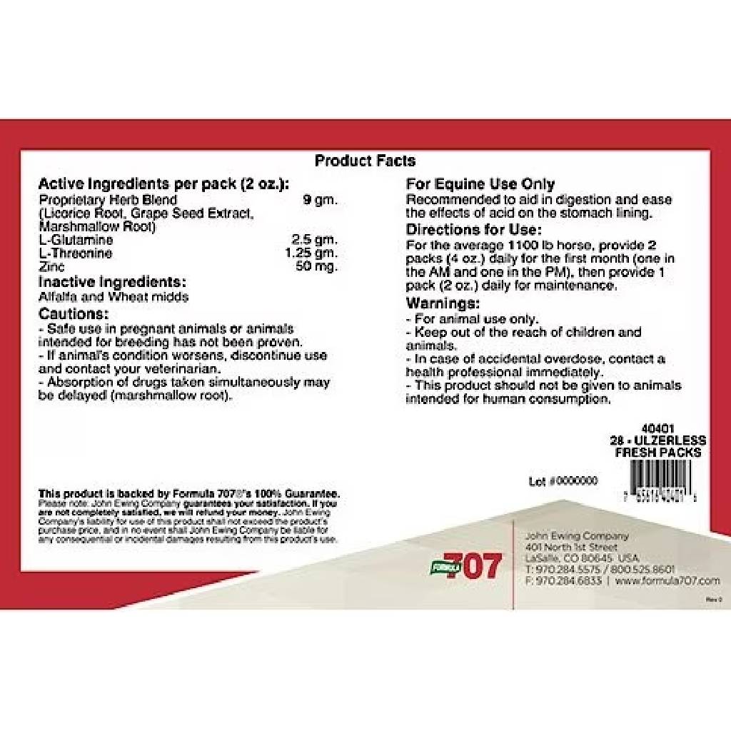 Formula 707 ULZERless Pellets Horse Supplement, 28-Day Supply, Supports Gastric Health, Sugar-Free, Fresh Packs