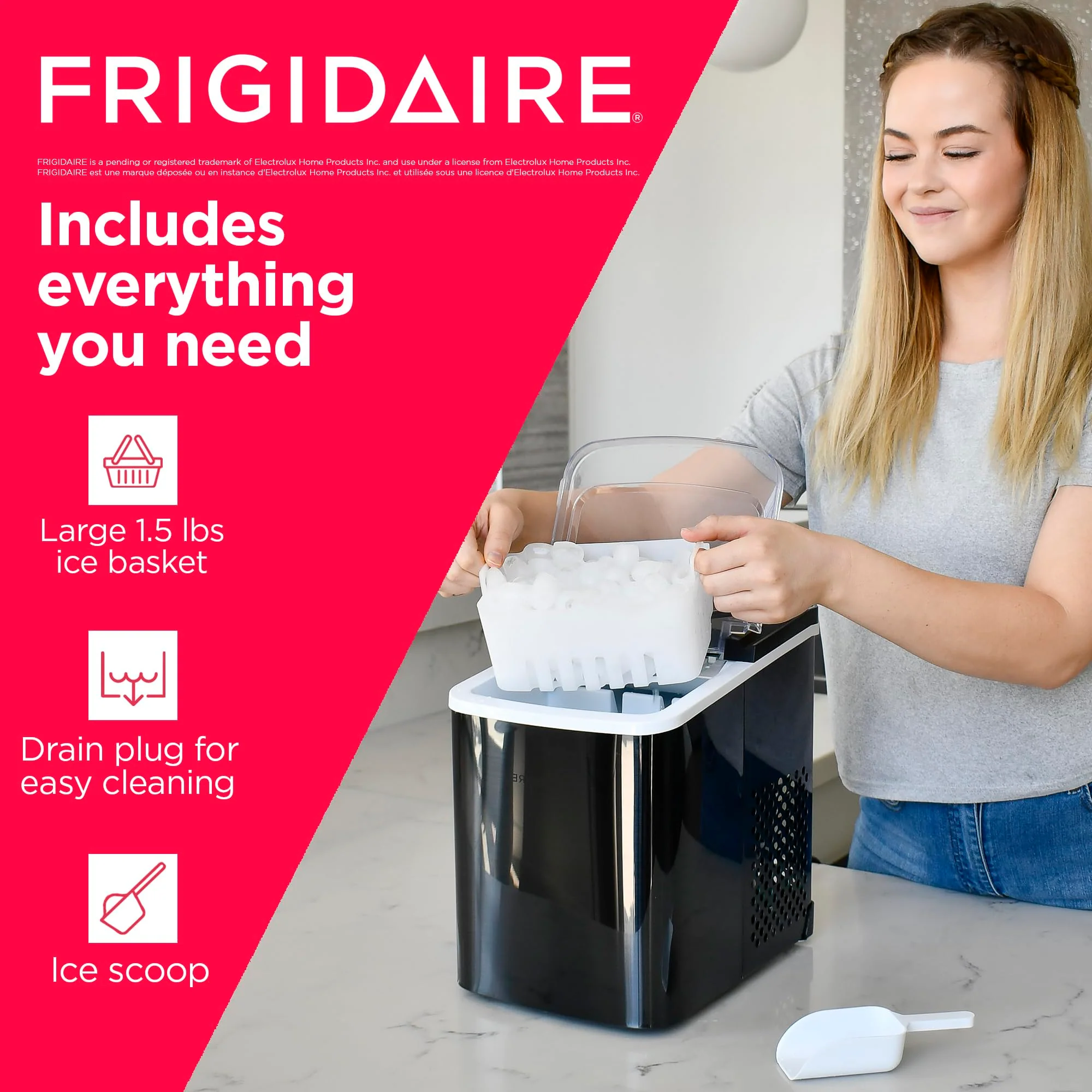 Frigidaire Portable Ice Maker, 26 Lbs, Stainless Steel, Countertop, Fast 7-Min Ice, Dual Size Options