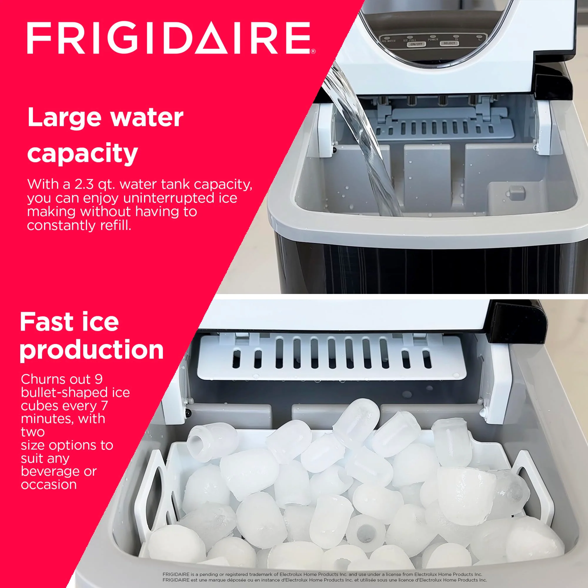 Frigidaire Portable Ice Maker, 26 Lbs, Stainless Steel, Countertop, Fast 7-Min Ice, Dual Size Options