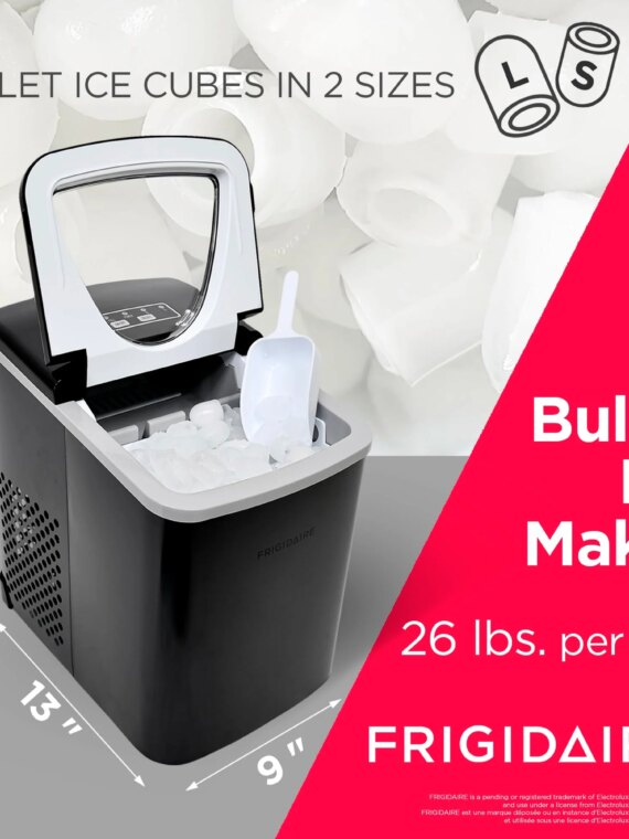 Frigidaire Portable Ice Maker, 26 Lbs, Stainless Steel, Countertop, Fast 7-Min Ice, Dual Size Options