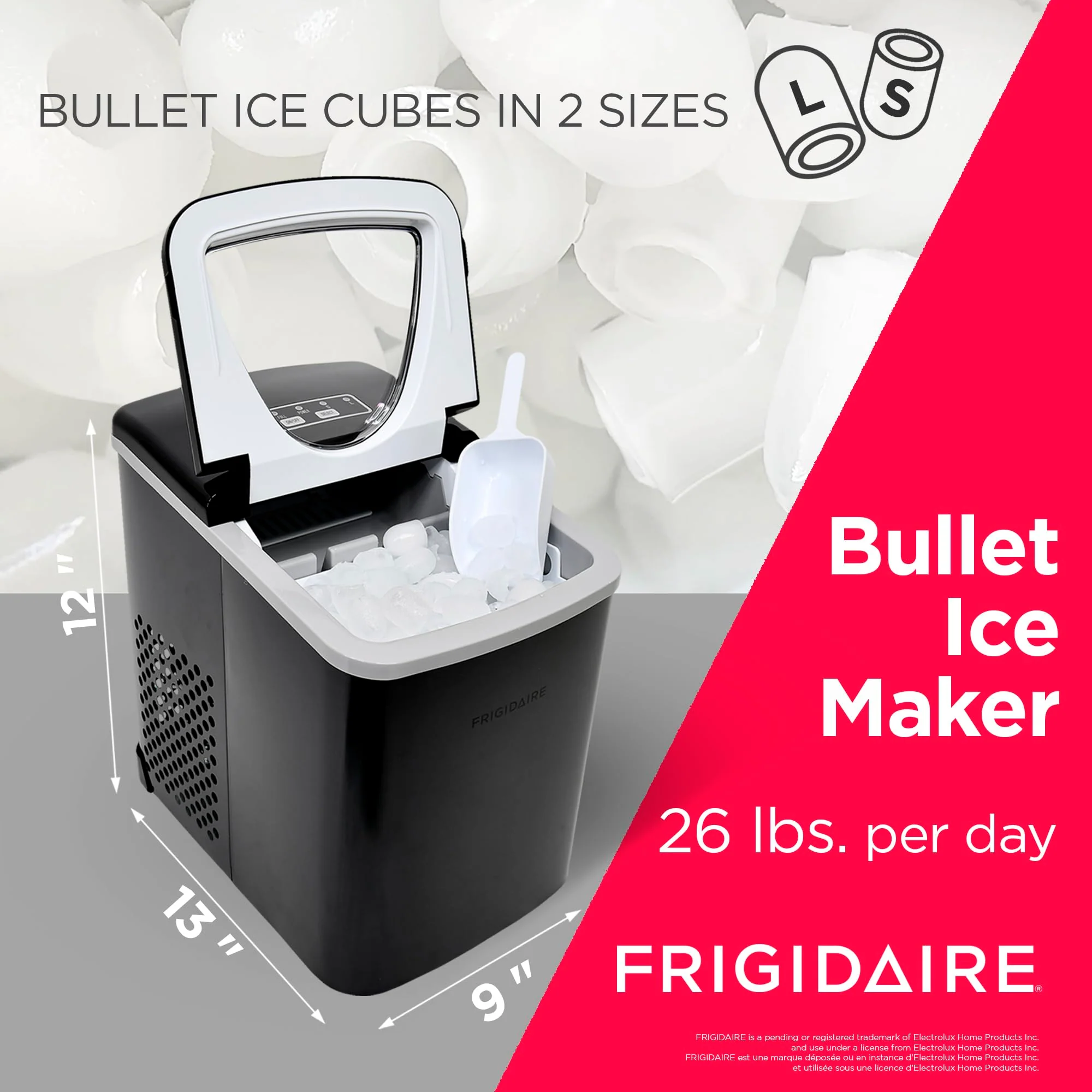 Frigidaire Portable Ice Maker, 26 Lbs, Stainless Steel, Countertop, Fast 7-Min Ice, Dual Size Options