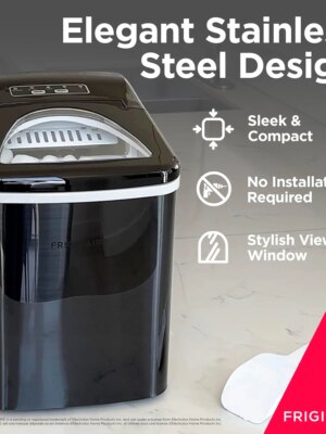 Frigidaire Portable Ice Maker, 26 Lbs, Stainless Steel, Countertop, Fast 7-Min Ice, Dual Size Options