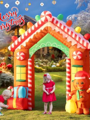FunFanso 9 FT Christmas Inflatable Archway, Multicolor Polyester, Gingerbread House with LED Lights for Yard and Garden Decor
