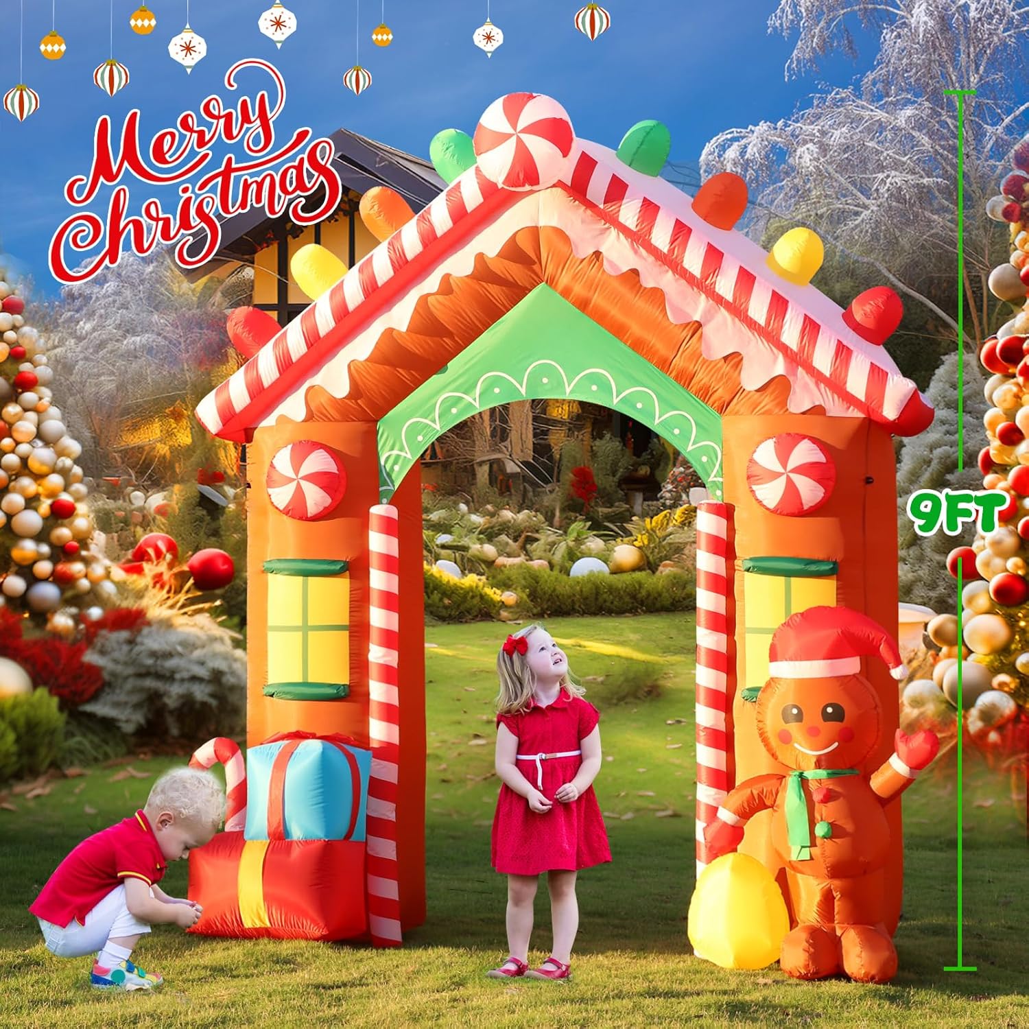 FunFanso 9 FT Christmas Inflatable Archway, Multicolor Polyester, Gingerbread House with LED Lights for Yard and Garden Decor