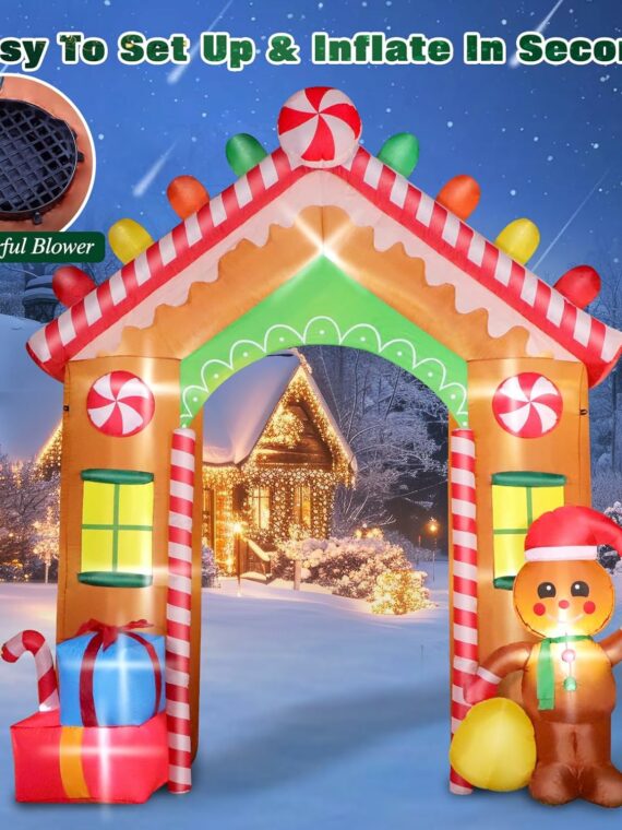 FunFanso 9 FT Christmas Inflatable Archway, Multicolor Polyester, Gingerbread House with LED Lights for Yard and Garden Decor