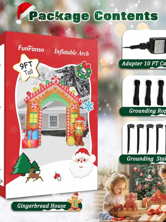 FunFanso 9 FT Christmas Inflatable Archway, Multicolor Polyester, Gingerbread House with LED Lights for Yard and Garden Decor