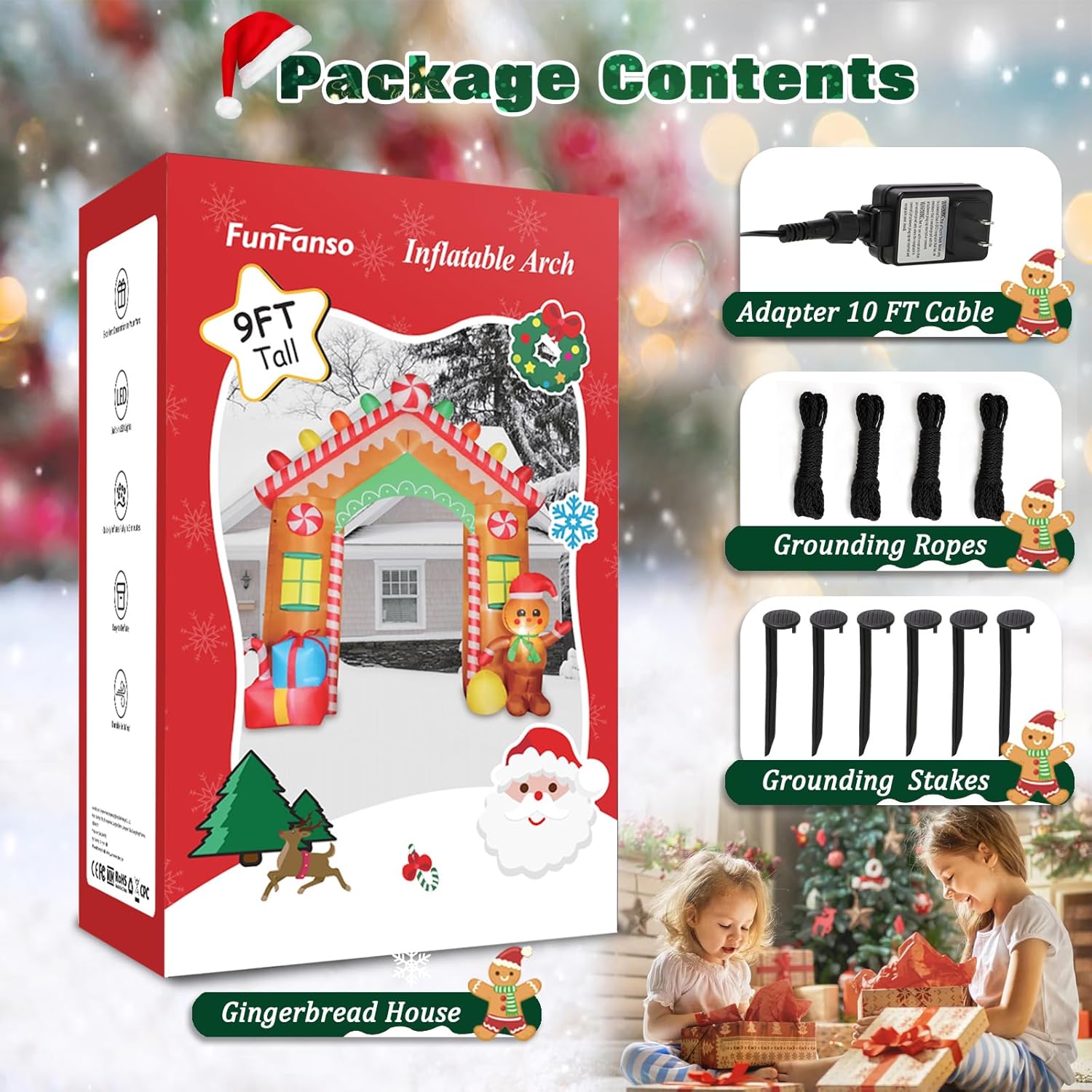 FunFanso 9 FT Christmas Inflatable Archway, Multicolor Polyester, Gingerbread House with LED Lights for Yard and Garden Decor