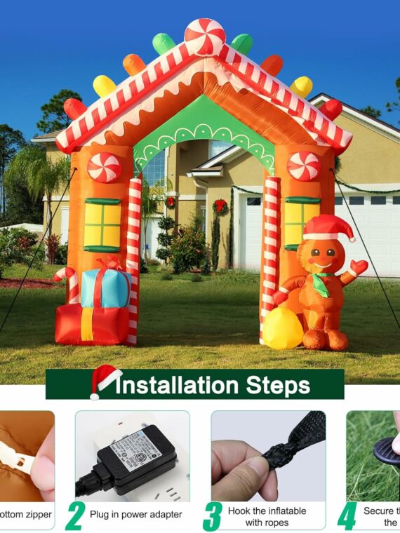 FunFanso 9 FT Christmas Inflatable Archway, Multicolor Polyester, Gingerbread House with LED Lights for Yard and Garden Decor