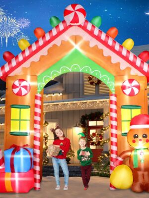 FunFanso 9 FT Christmas Inflatable Archway, Multicolor Polyester, Gingerbread House with LED Lights for Yard and Garden Decor