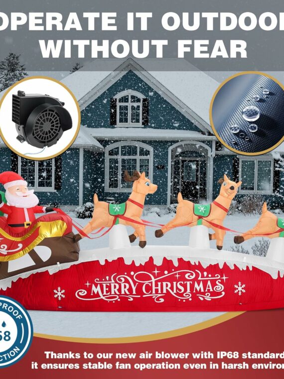 Funflatable 10 FT Santa Sleigh with Reindeer Christmas Inflatable, Red, Outdoor Holiday Decor