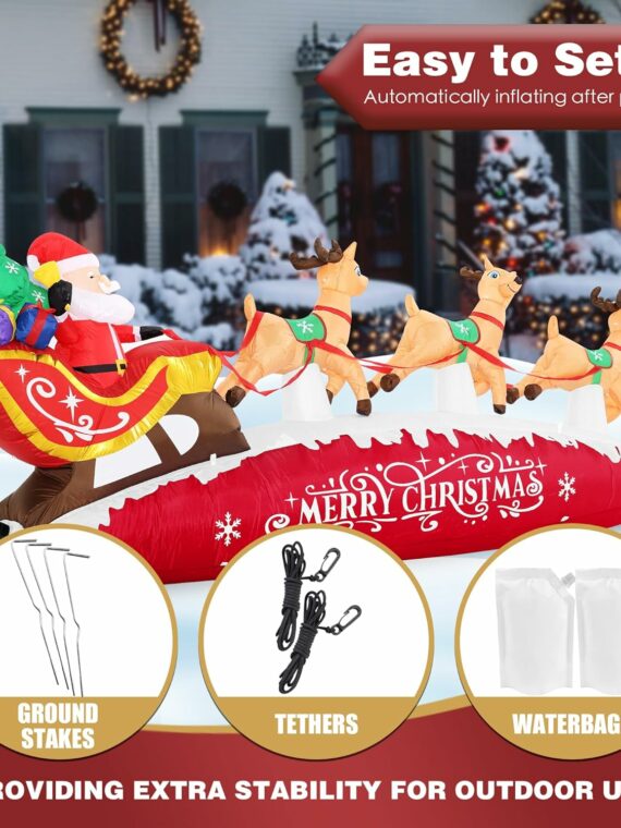 Funflatable 10 FT Santa Sleigh with Reindeer Christmas Inflatable, Red, Outdoor Holiday Decor