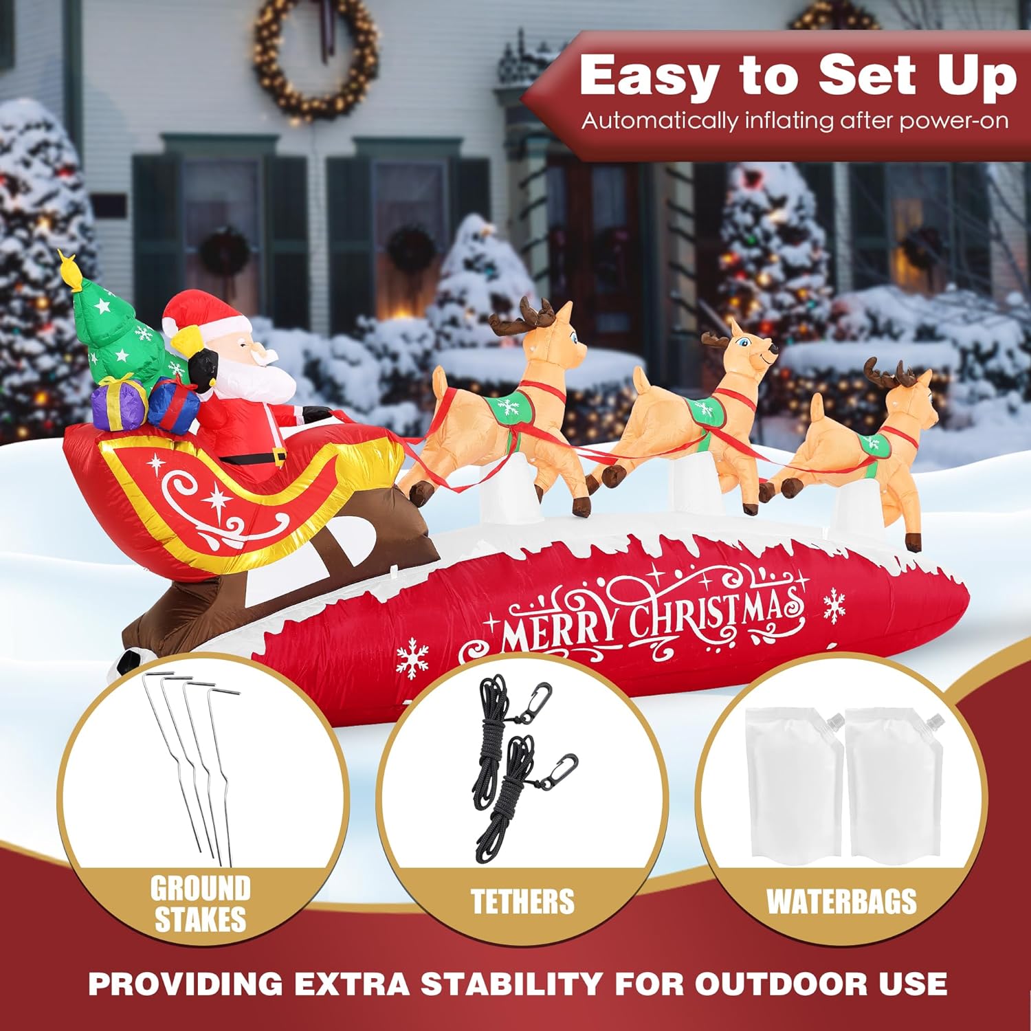 Funflatable 10 FT Santa Sleigh with Reindeer Christmas Inflatable, Red, Outdoor Holiday Decor