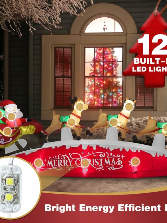 Funflatable 10 FT Santa Sleigh with Reindeer Christmas Inflatable, Red, Outdoor Holiday Decor