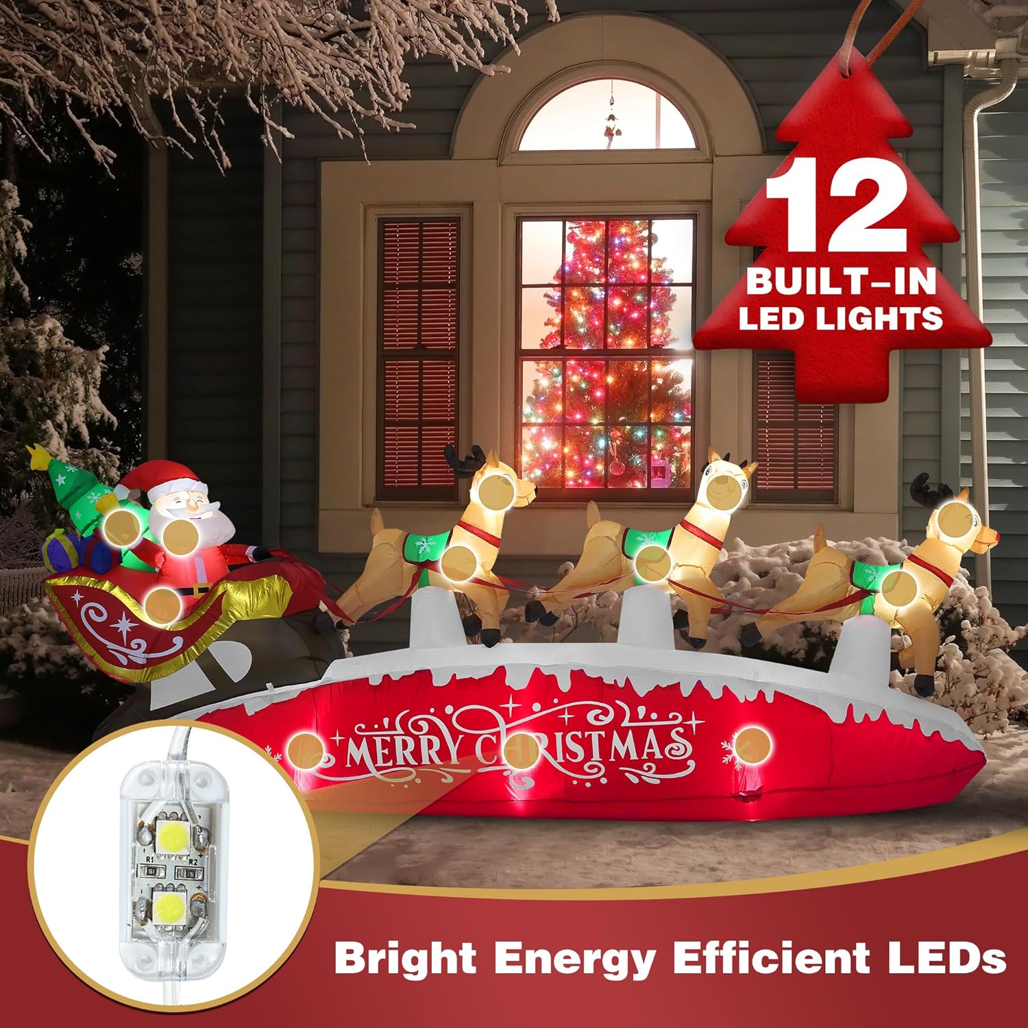 Funflatable 10 FT Santa Sleigh with Reindeer Christmas Inflatable, Red, Outdoor Holiday Decor