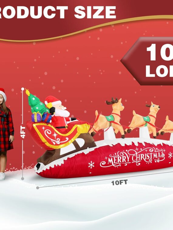 Funflatable 10 FT Santa Sleigh with Reindeer Christmas Inflatable, Red, Outdoor Holiday Decor