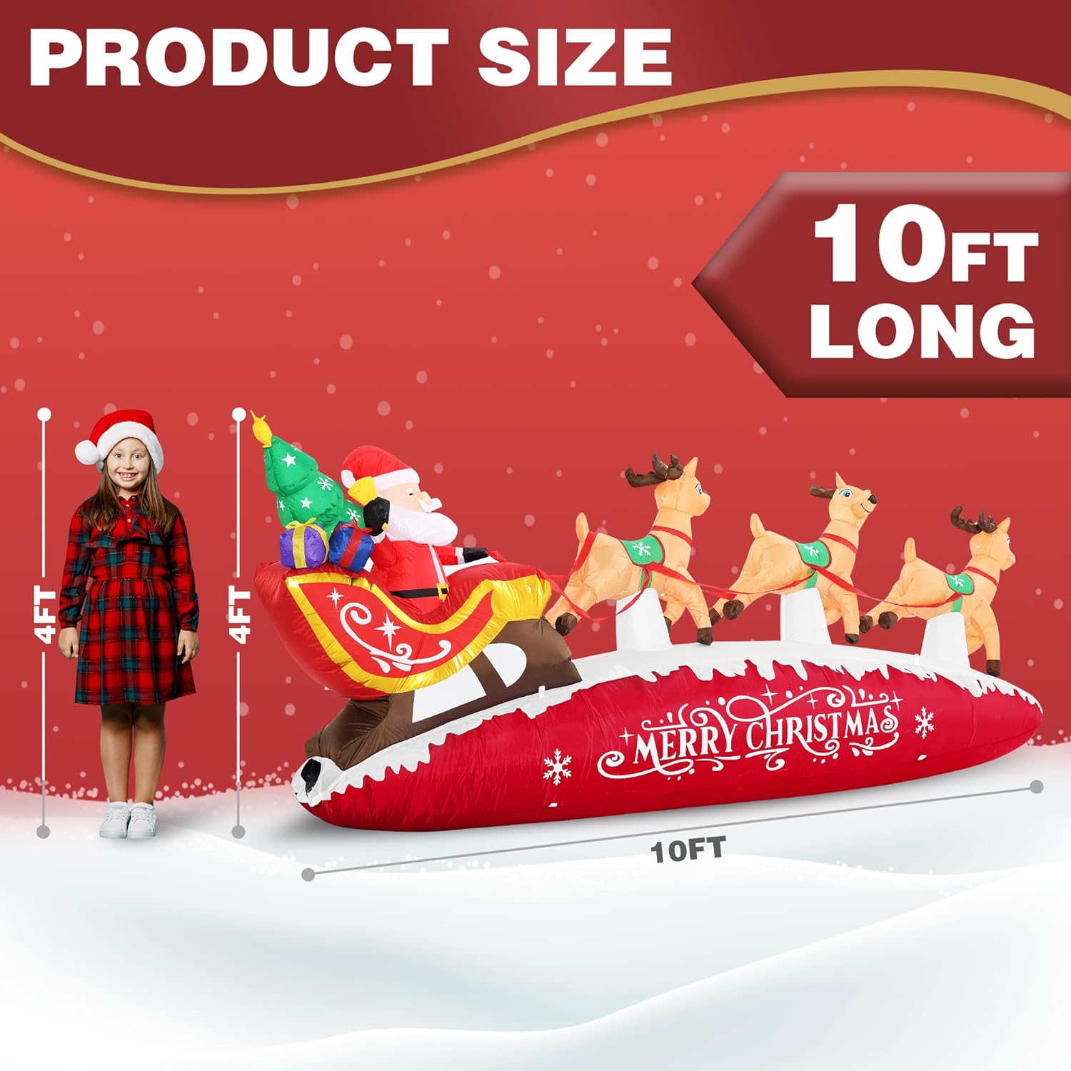Funflatable 10 FT Santa Sleigh with Reindeer Christmas Inflatable, Red, Outdoor Holiday Decor