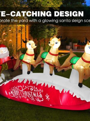 Funflatable 10 FT Santa Sleigh with Reindeer Christmas Inflatable, Red, Outdoor Holiday Decor