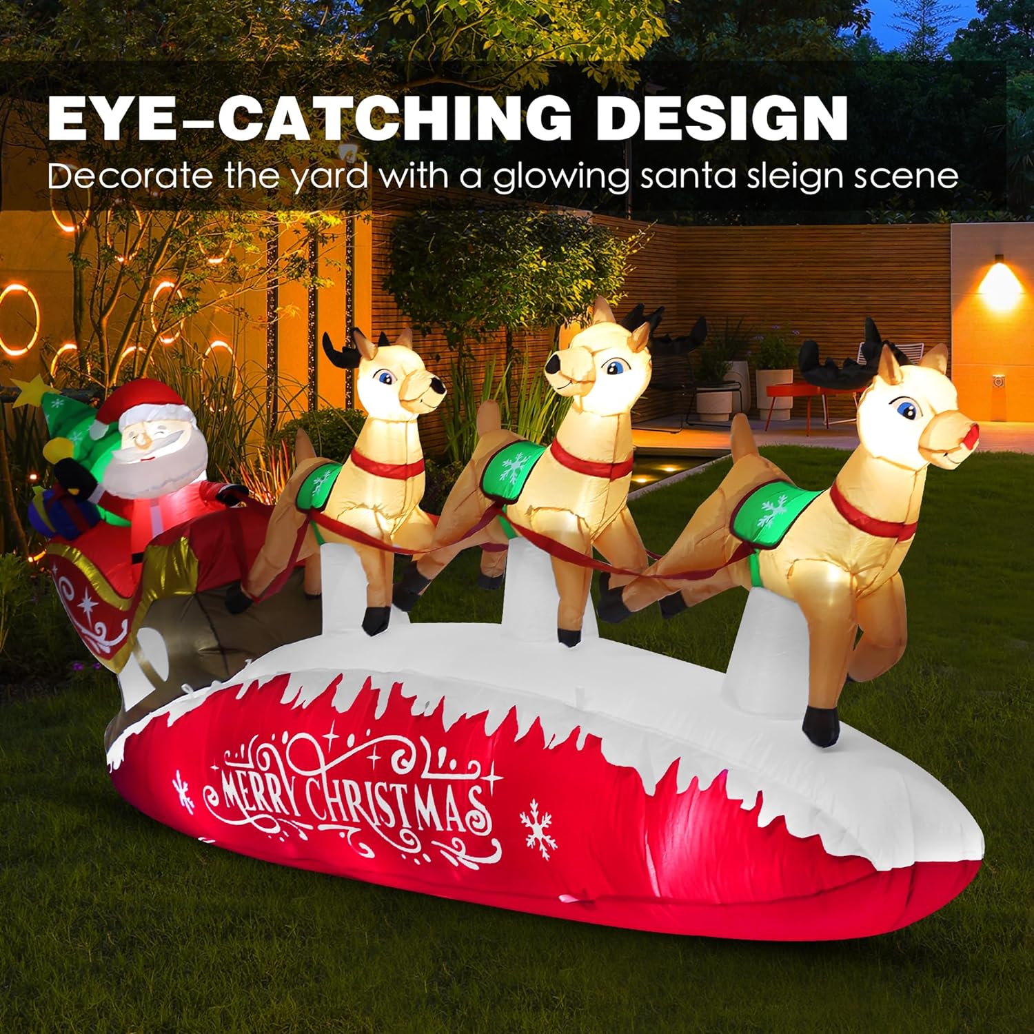 Funflatable 10 FT Santa Sleigh with Reindeer Christmas Inflatable, Red, Outdoor Holiday Decor