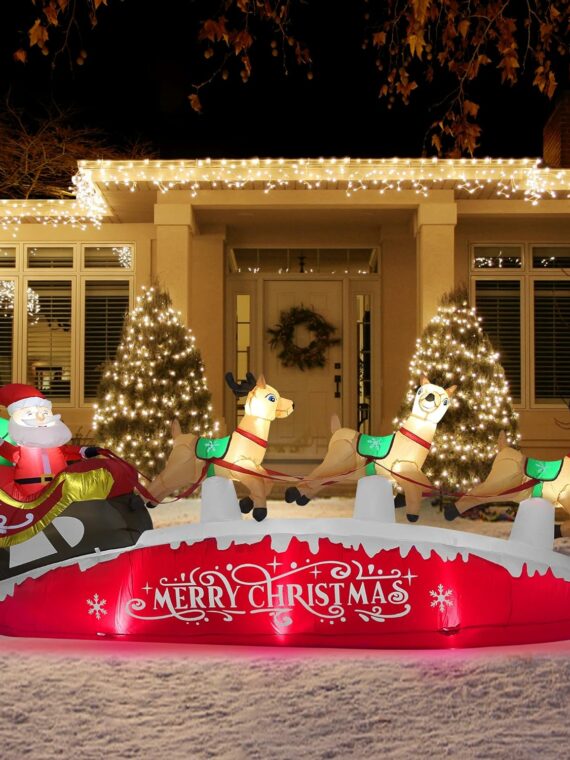 Funflatable 10 FT Santa Sleigh with Reindeer Christmas Inflatable, Red, Outdoor Holiday Decor