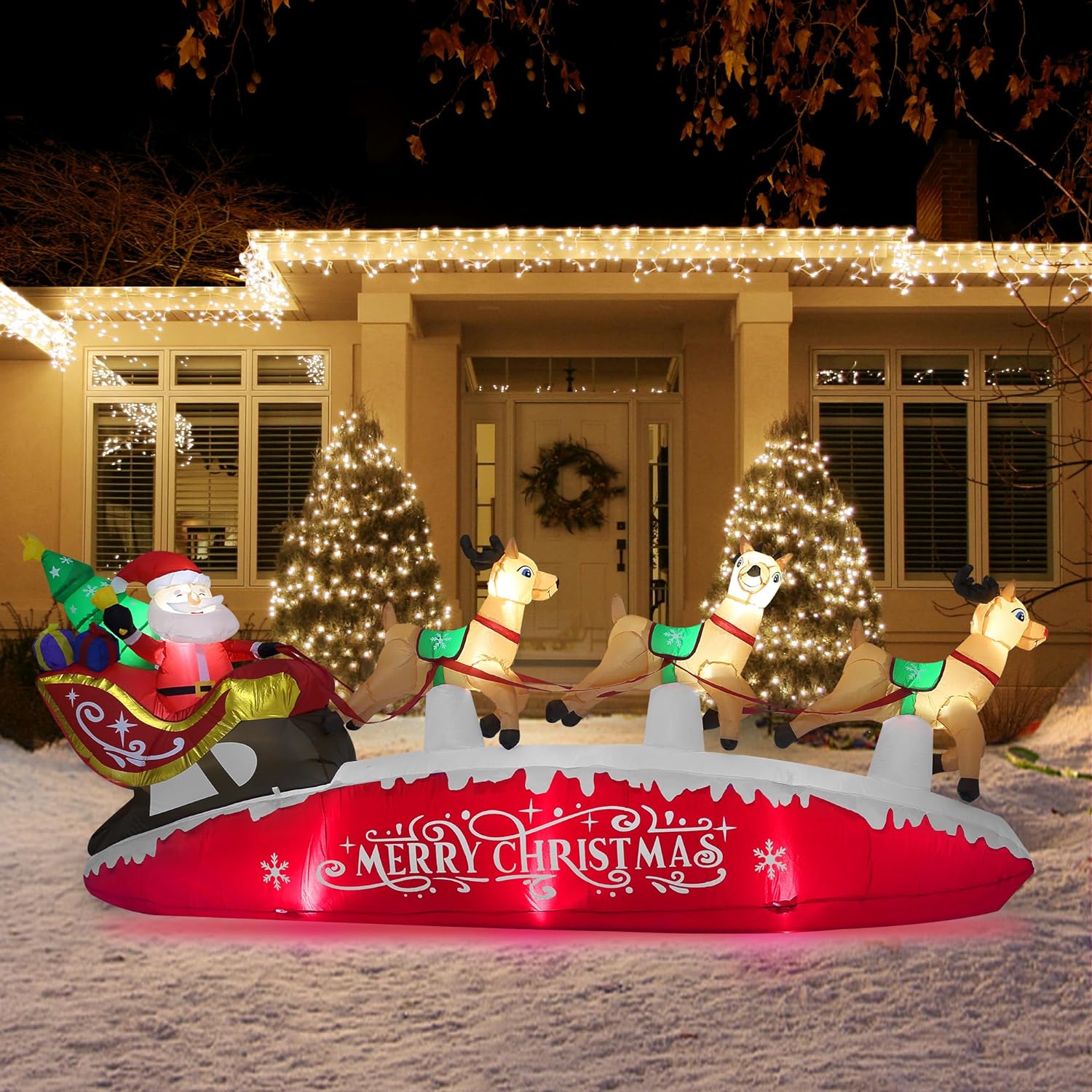 Funflatable 10 FT Santa Sleigh with Reindeer Christmas Inflatable, Red, Outdoor Holiday Decor