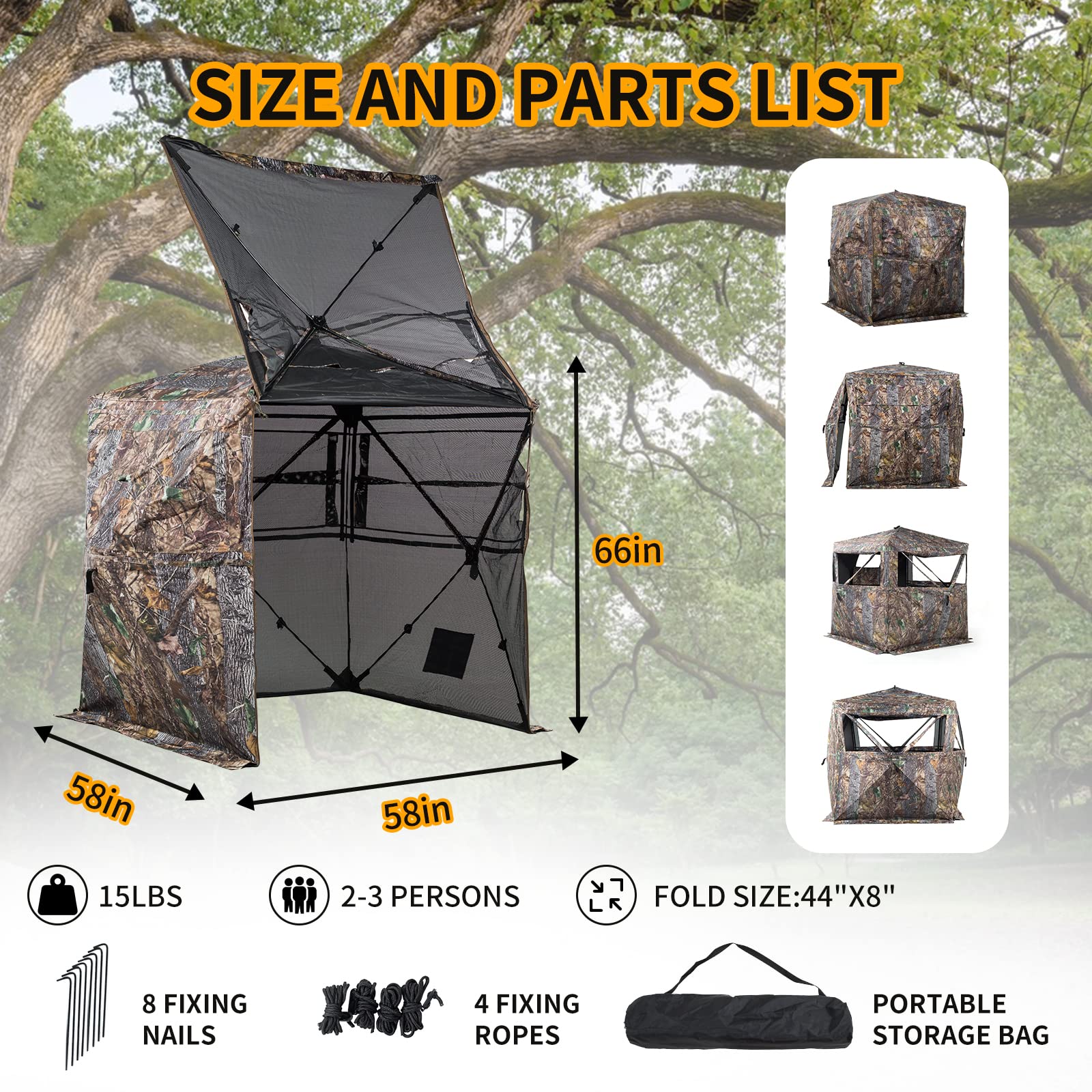 FUNHORUN 360° See-Through Hunting Blind, Camouflage, Easy Setup, Durable & Accessible Design, Fits 2-3 Hunters