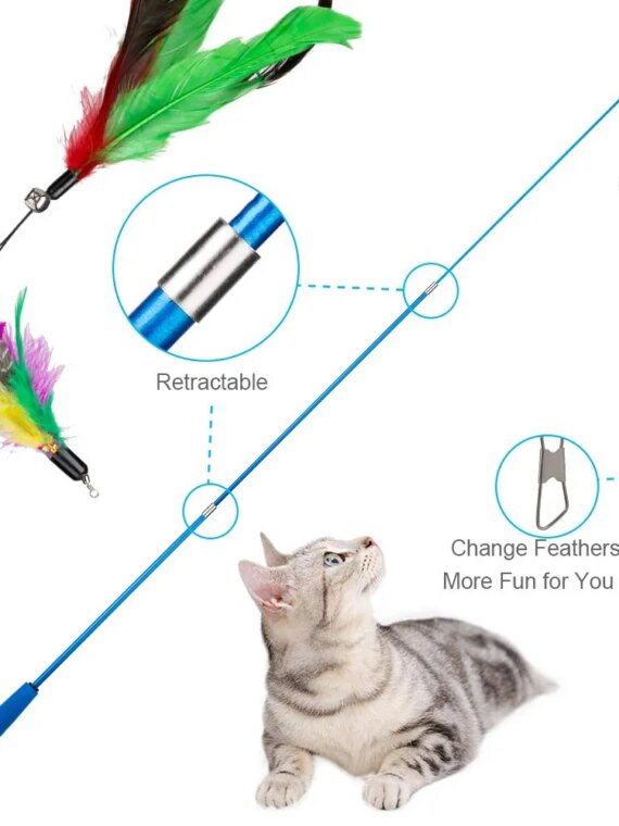 Funny Feather Cat Toy for Kittens with Bell Refills, Retractable Wand, Eco-Friendly Materials, 38-Inch Extendable Rod