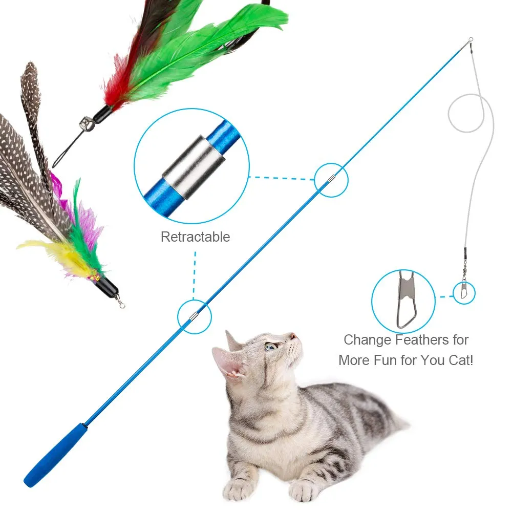 Funny Feather Cat Toy for Kittens with Bell Refills, Retractable Wand, Eco-Friendly Materials, 38-Inch Extendable Rod