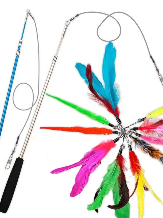 Funny Feather Cat Toy for Kittens with Bell Refills, Retractable Wand, Eco-Friendly Materials, 38-Inch Extendable Rod