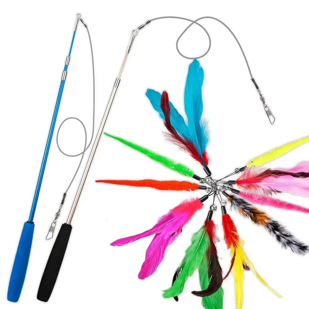 Funny Feather Cat Toy for Kittens with Bell Refills, Retractable Wand, Eco-Friendly Materials, 38-Inch Extendable Rod