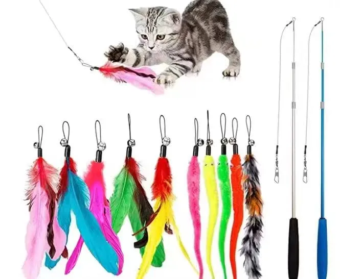 Funny Feather Cat Toy for Kittens with Bell Refills, Retractable Wand, Eco-Friendly Materials, 38-Inch Extendable Rod