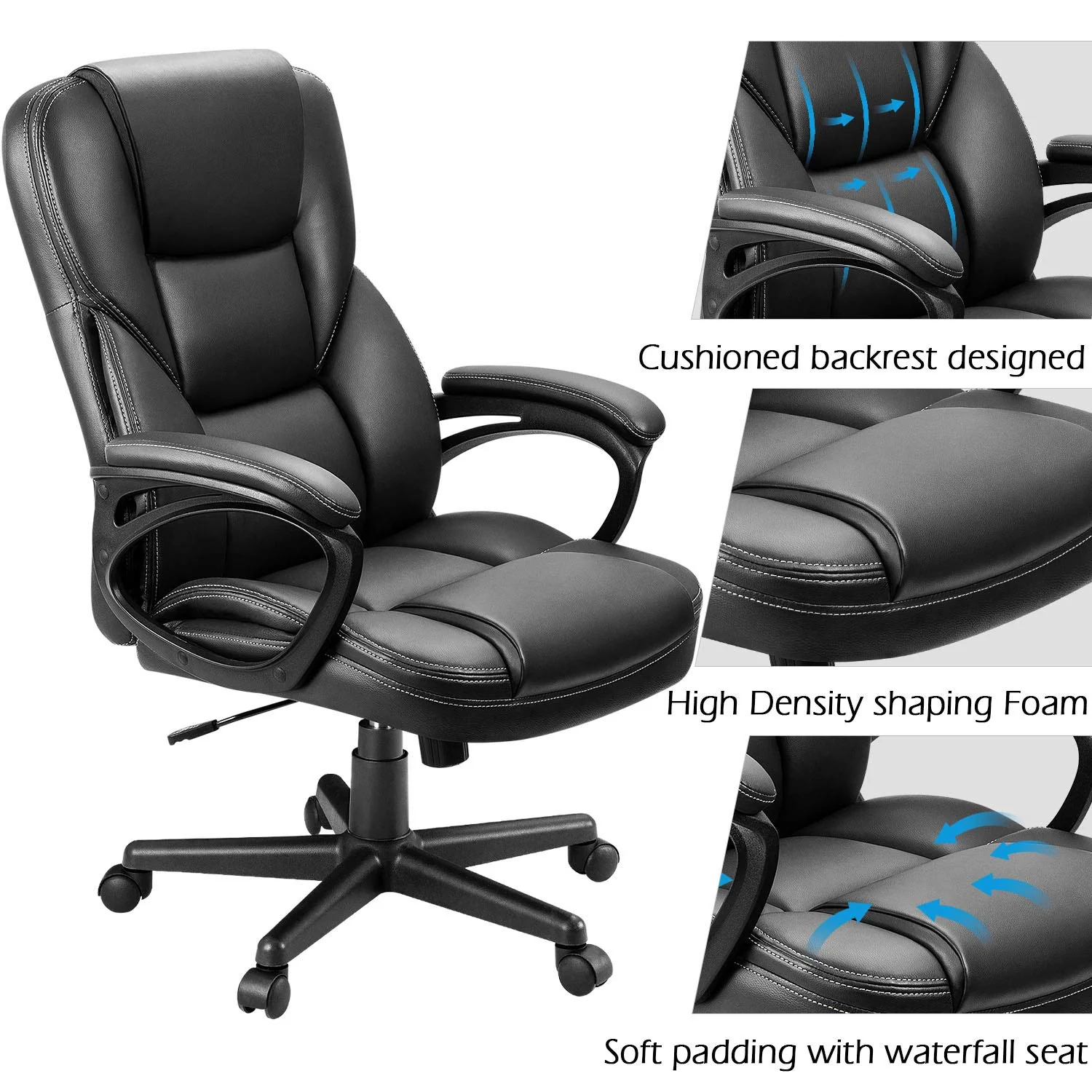 Furmax Ergonomic High Back Office Chair, Adjustable, PU Leather, 360° Swivel, Black