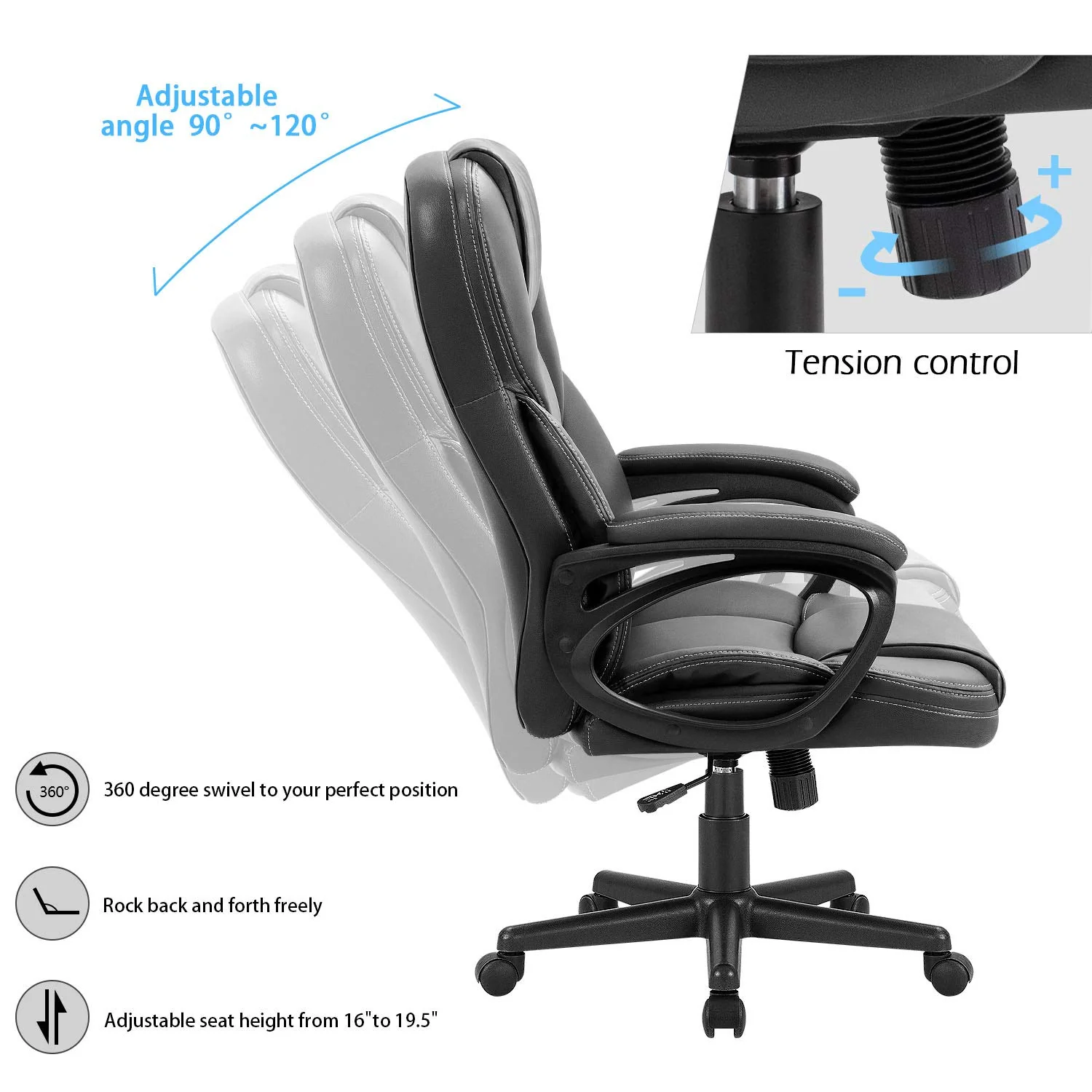 Furmax Ergonomic High Back Office Chair, Adjustable, PU Leather, 360° Swivel, Black