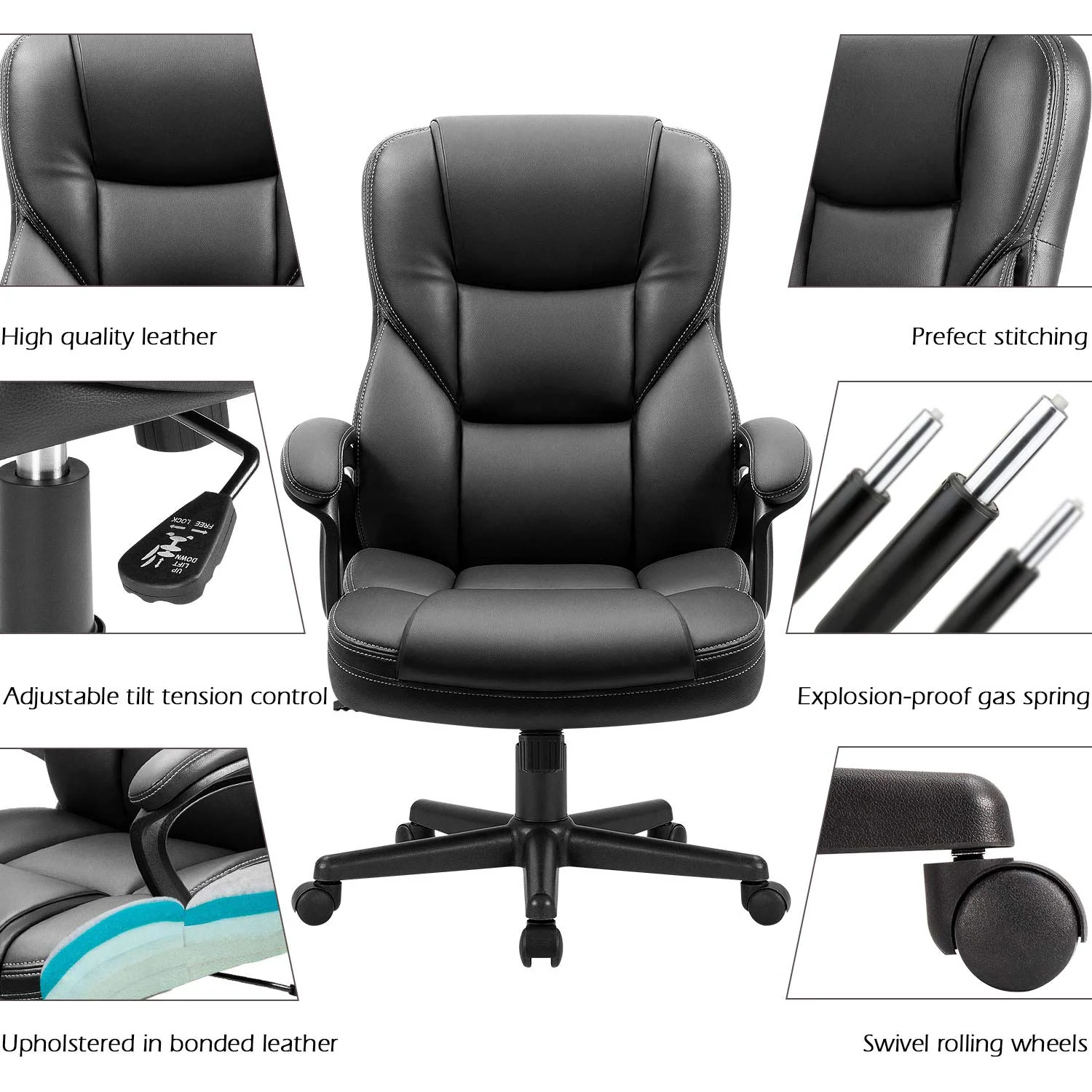 Furmax Ergonomic High Back Office Chair, Adjustable PU Leather Executive Seating, 360° Swivel, Black