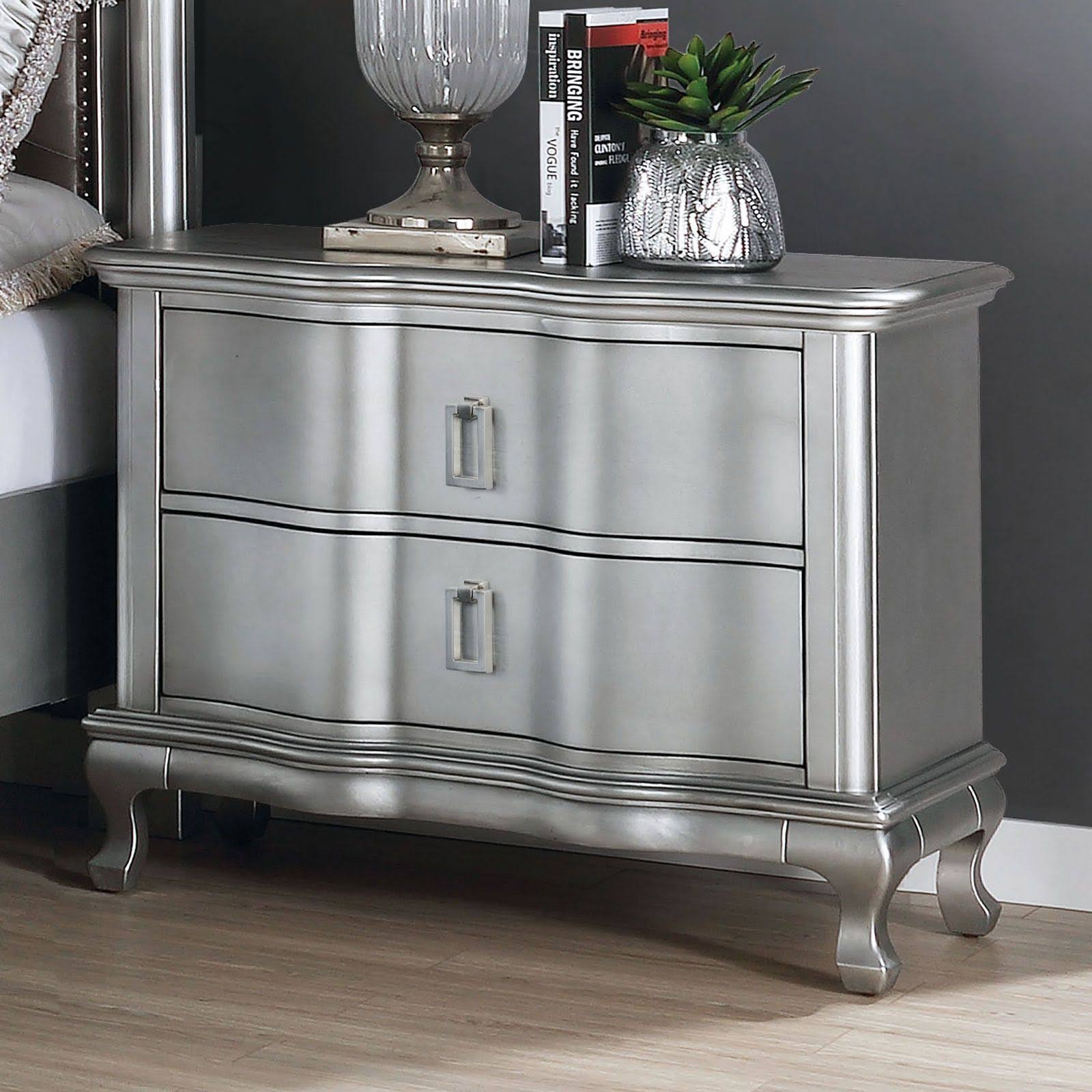Furniture of America Aalok Night Stand, Silver Finish, USB Outlet, Modern Design, Bedroom Storage