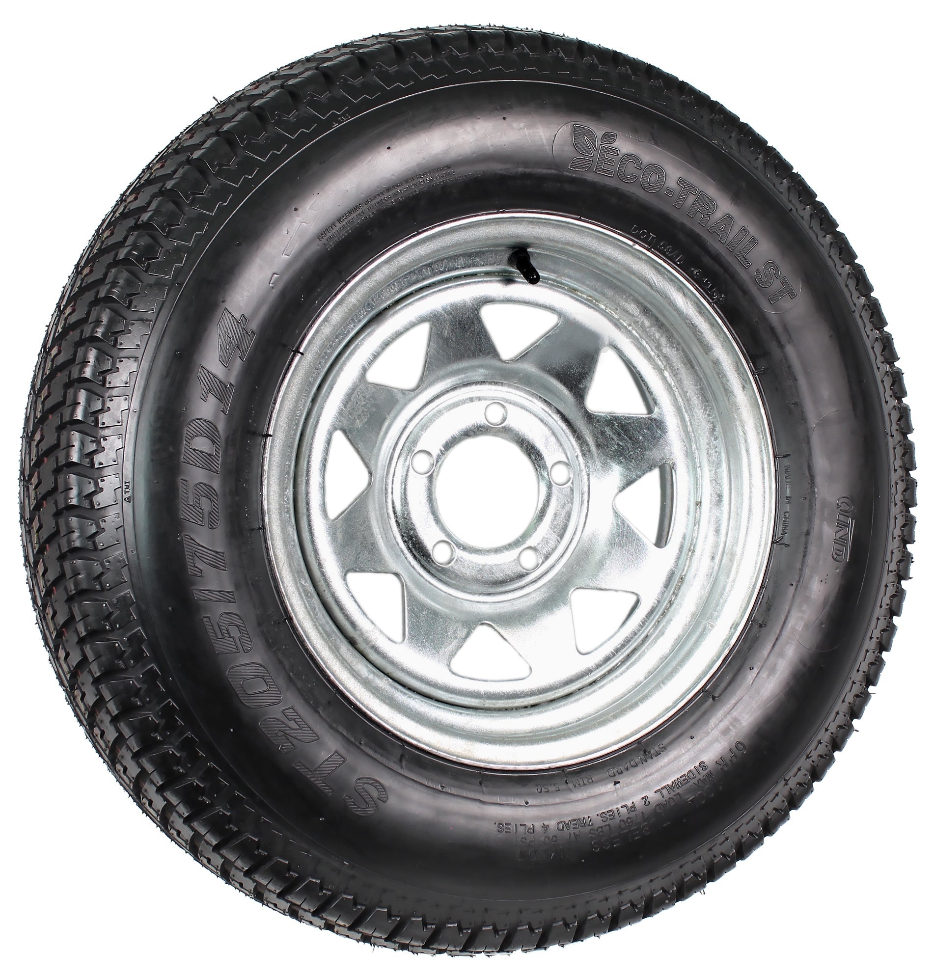 Galvanized Steel Trailer Tire & Rim ST205/75D14 14" 5 Lug Wheel, Load C, 1760 Lbs Capacity