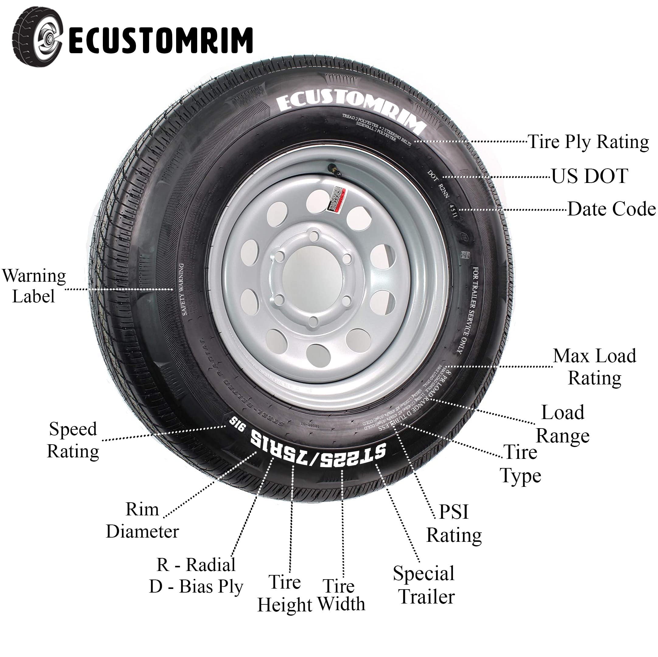 Galvanized Steel Trailer Tire & Rim ST205/75D14 14" 5 Lug Wheel, Load C, 1760 Lbs Capacity