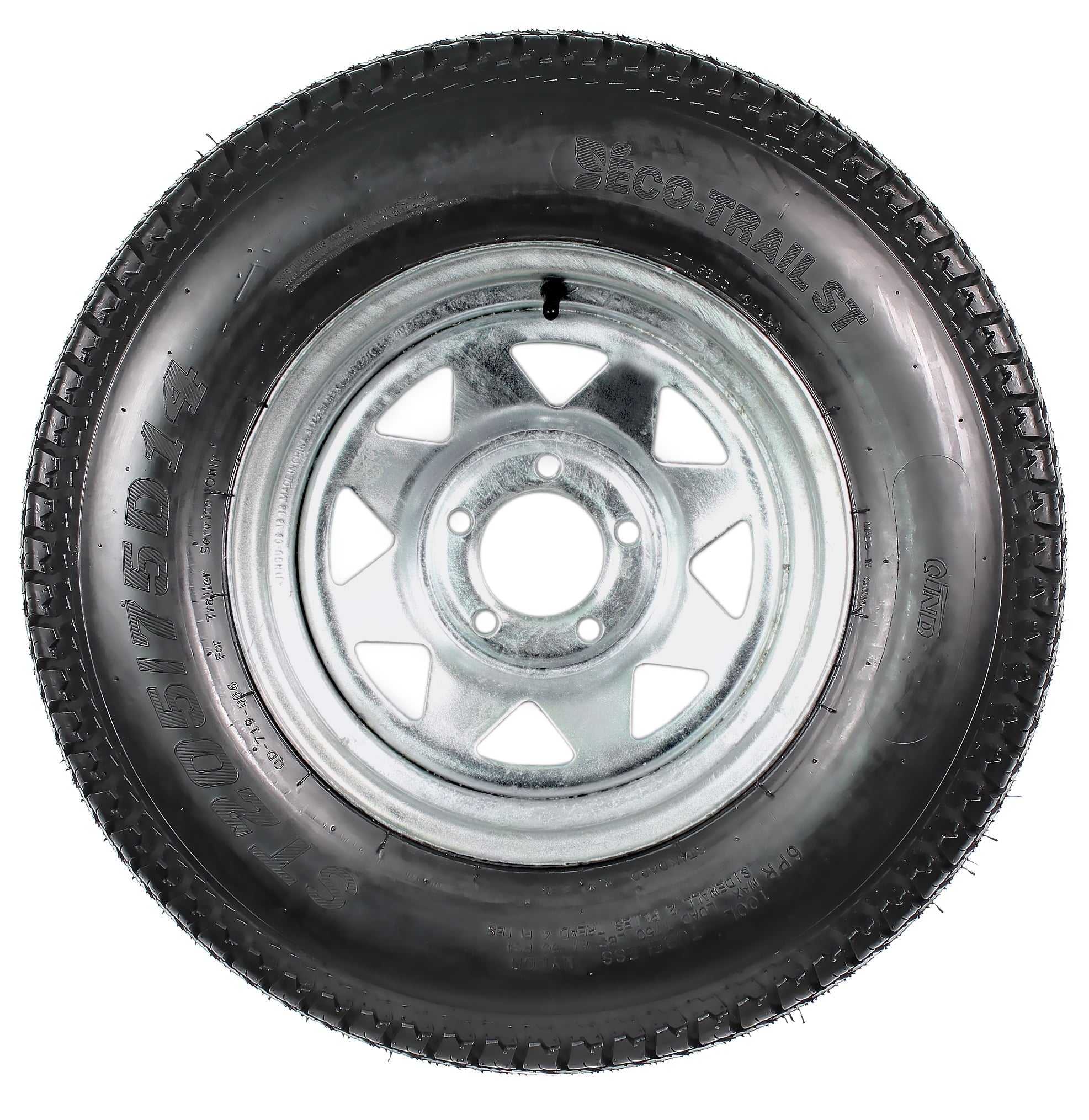 Galvanized Steel Trailer Tire & Rim ST205/75D14 14" 5 Lug Wheel, Load C, 1760 Lbs Capacity