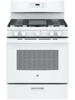 GE 30" Freestanding Gas Range, 5 cu. ft. Oven, Non-Stick Griddle, Power Boil & Simmer Burner, White