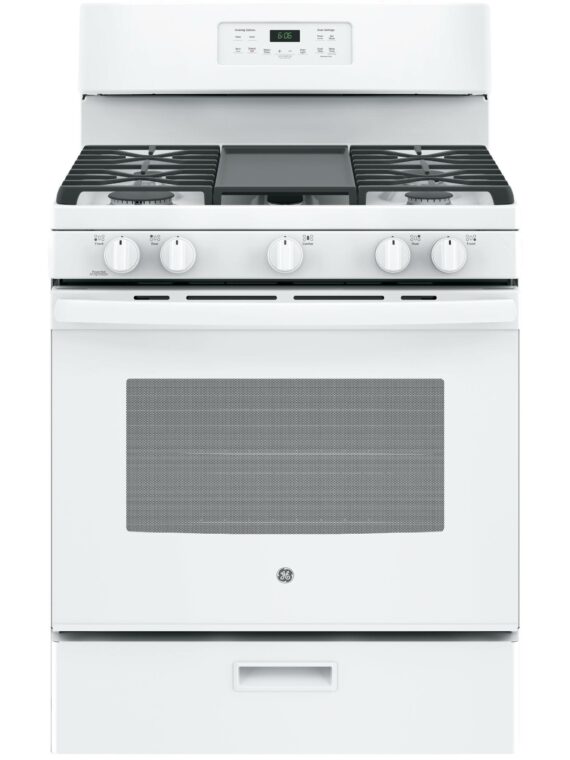 GE 30" Freestanding Gas Range, 5 cu. ft. Oven, Non-Stick Griddle, Power Boil & Simmer Burner, White