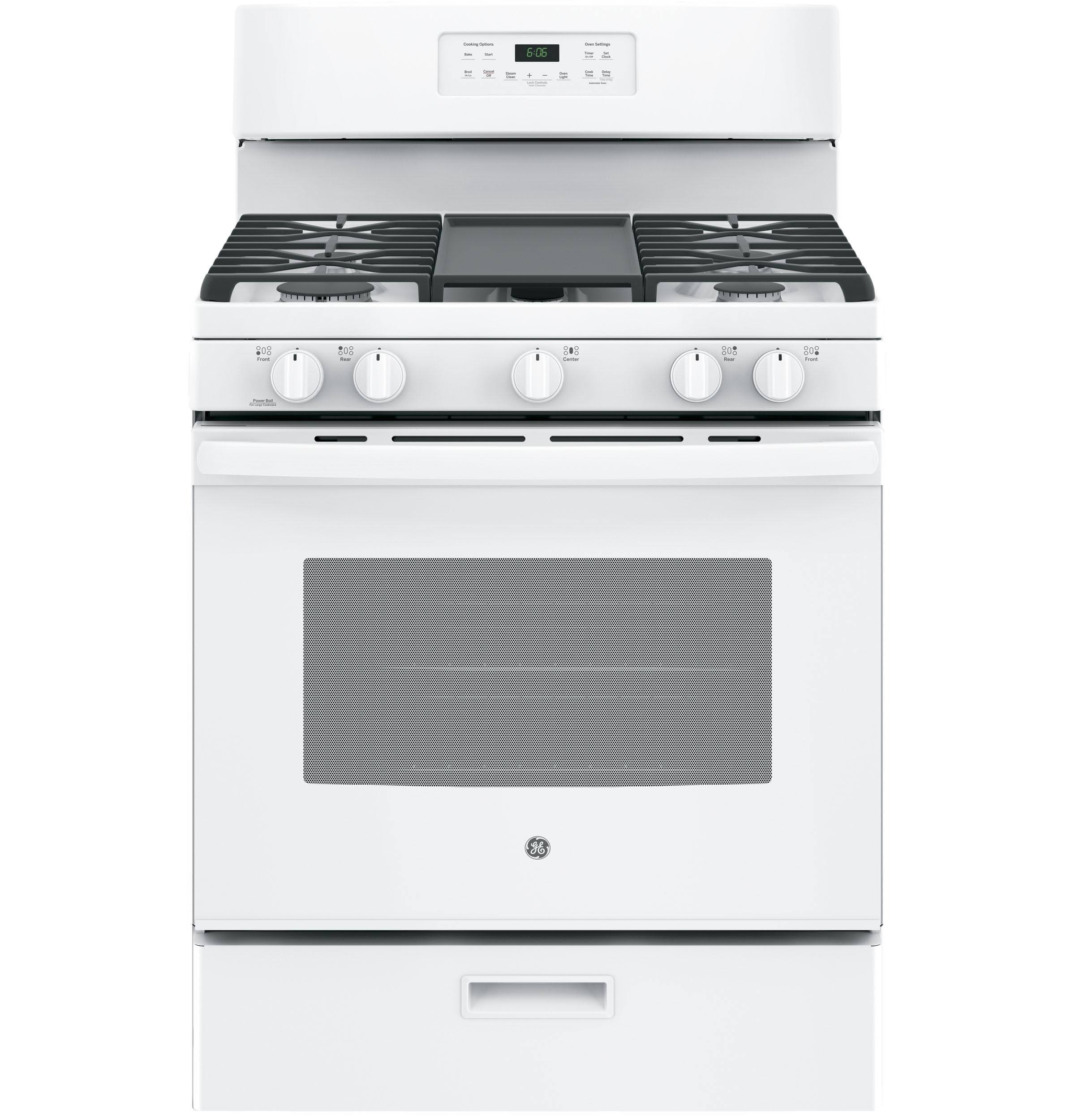 GE 30" Freestanding Gas Range, 5 cu. ft. Oven, Non-Stick Griddle, Power Boil & Simmer Burner, White
