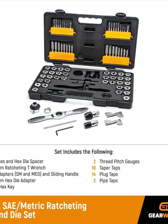 GEARWRENCH 77-Piece Ratcheting Tap & Die Set, SAE/Metric, T-Handle, Twist Lock System