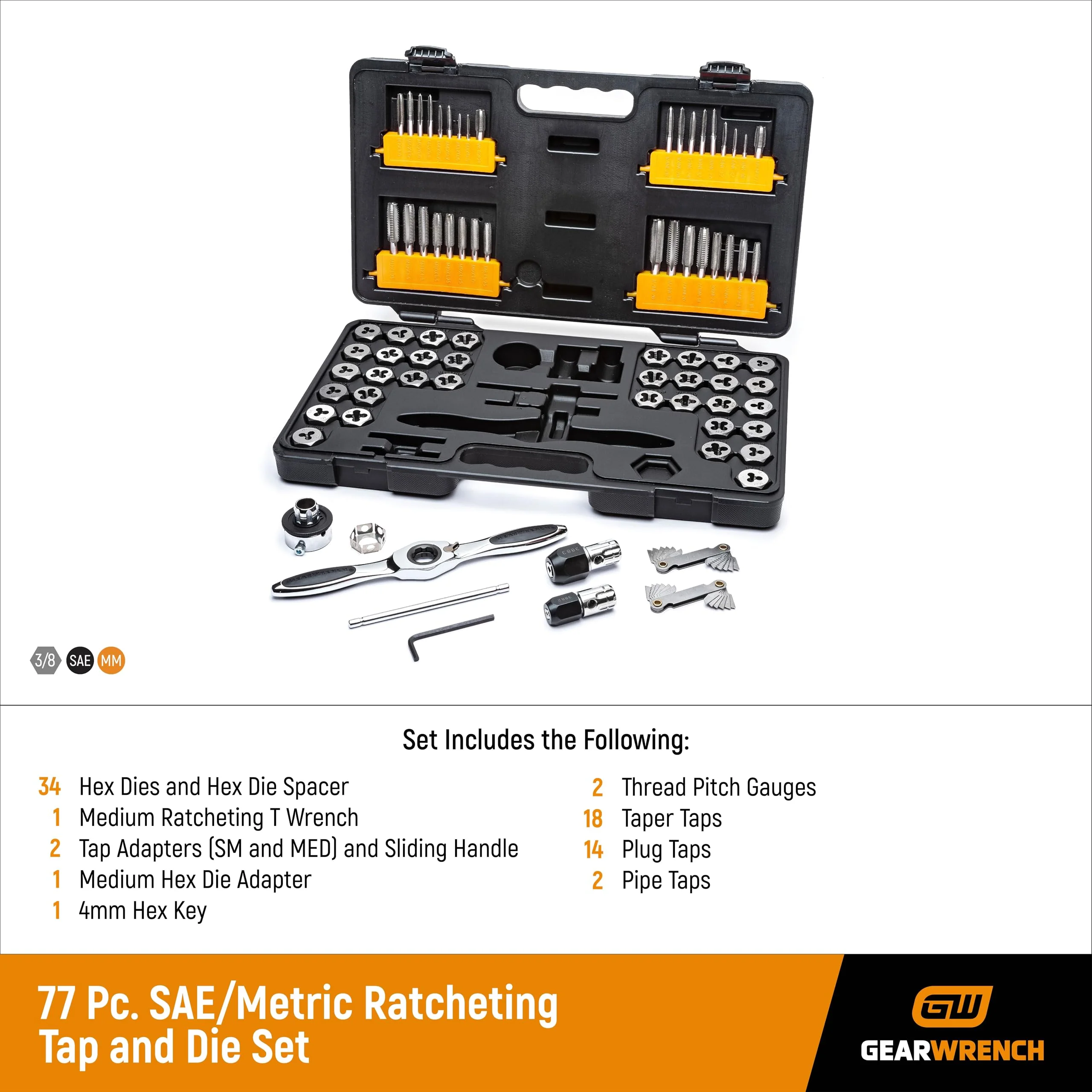 GEARWRENCH 77-Piece Ratcheting Tap & Die Set, SAE/Metric, T-Handle, Twist Lock System