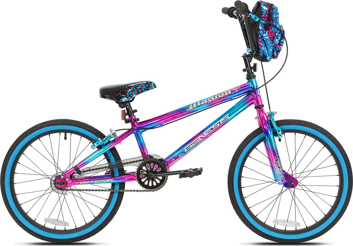 Genesis 20" Illusion Girls BMX Bike, Blue/Purple, Steel Frame, with Sequin Bag, Ages 4'2"+