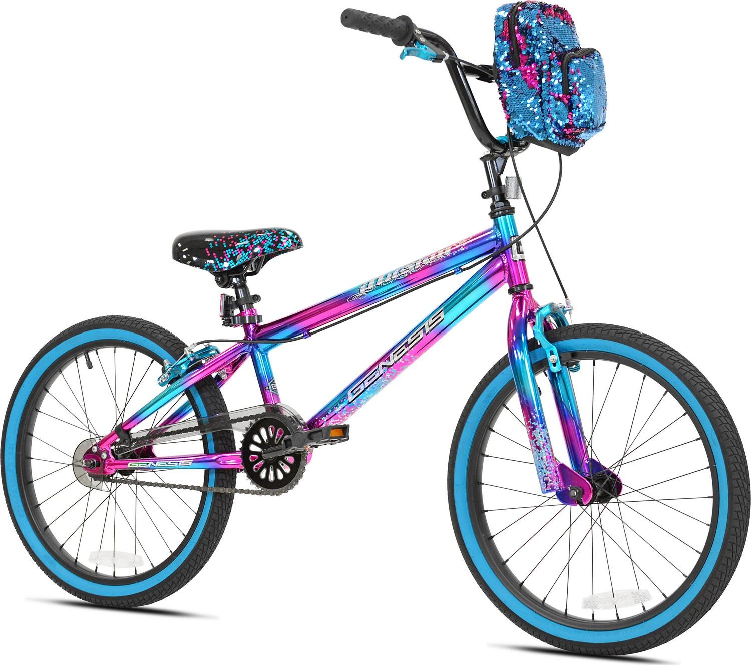 Genesis 20" Illusion Girls BMX Bike, Blue/Purple, Steel Frame, with Sequin Bag, Ages 4'2"+