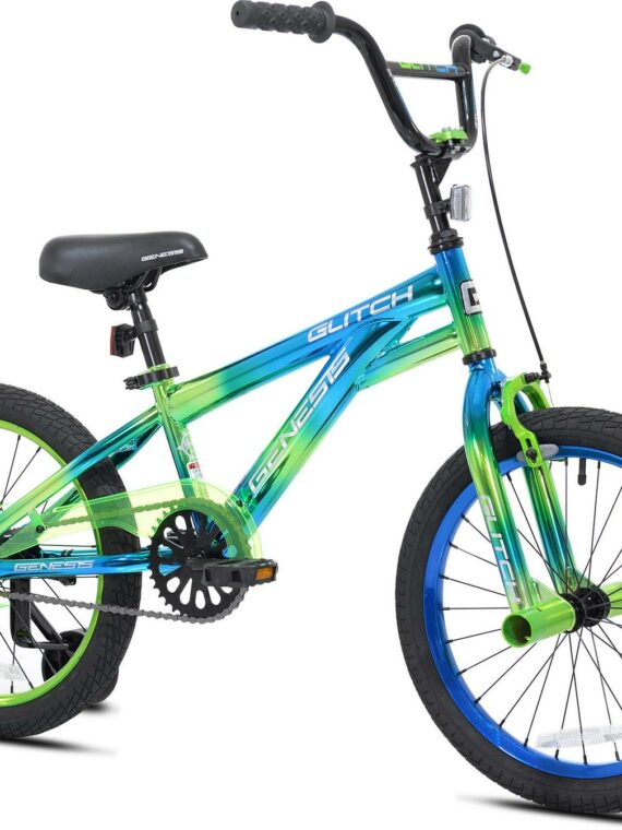 Genesis Glitch 18" Boys BMX Bike, Blue/Green, Steel Frame, Freestyle Handlebars, Training Wheels
